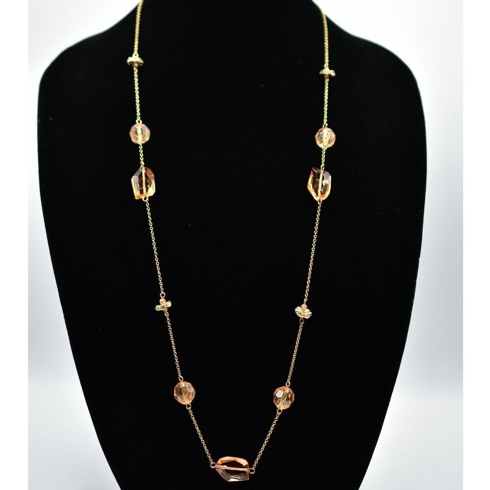 J. Crew Necklace Station Crystal Beaded Orange Rhinestone Gold Strand 34" BinA